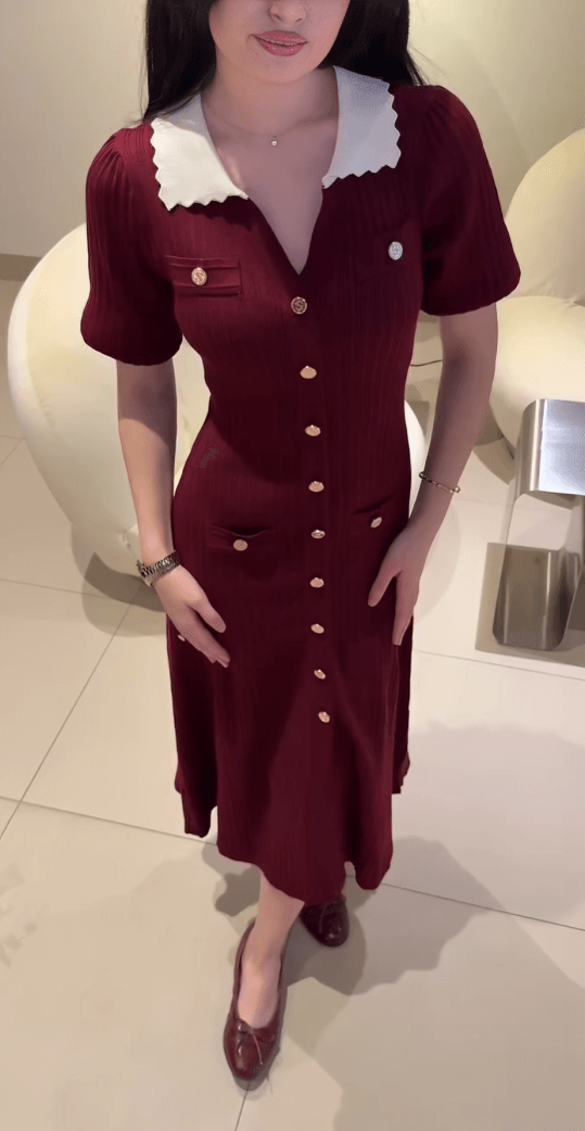 Robe Midi Boutonnée à Col Contrasté