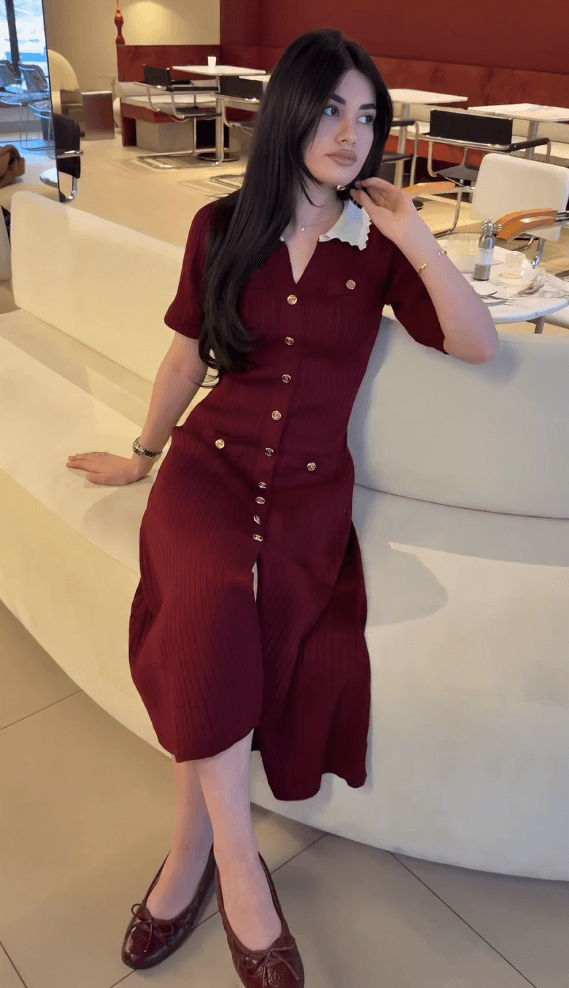 Robe Midi Boutonnée à Col Contrasté