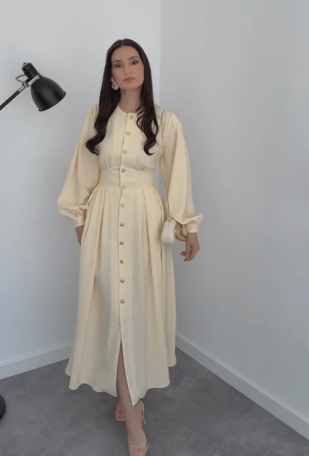 Robe Longue Boutonnée à Taille Marquée