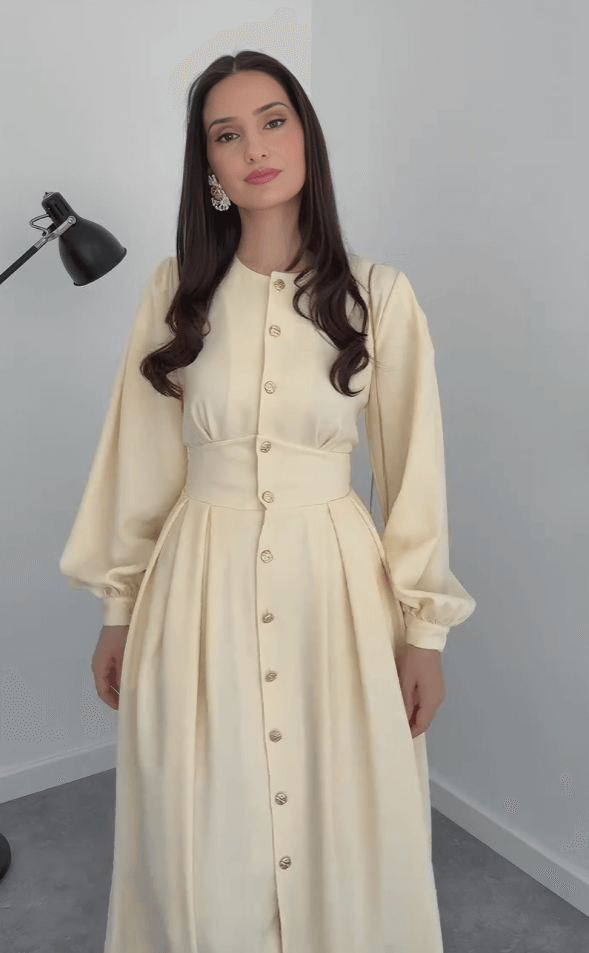 Robe Longue Boutonnée à Taille Marquée