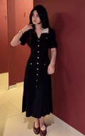 Robe Midi Boutonnée à Col Contrasté