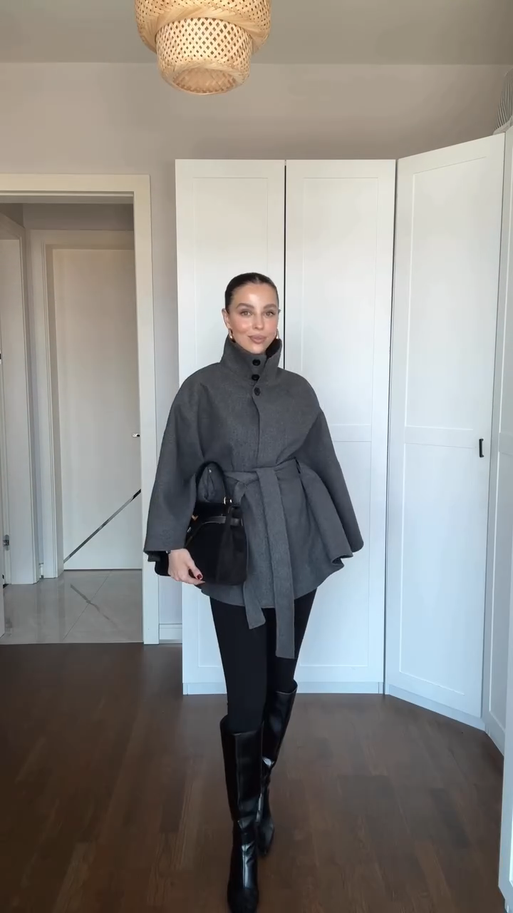 Cape Manteau Ceinturée Gris