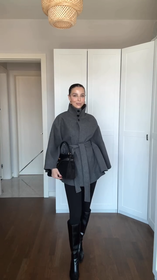 Cape Manteau Ceinturée Gris